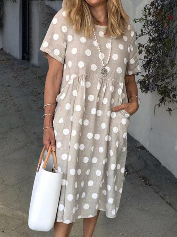Women's Polka Dot Print Pocket Loose Short Sleeve Dress