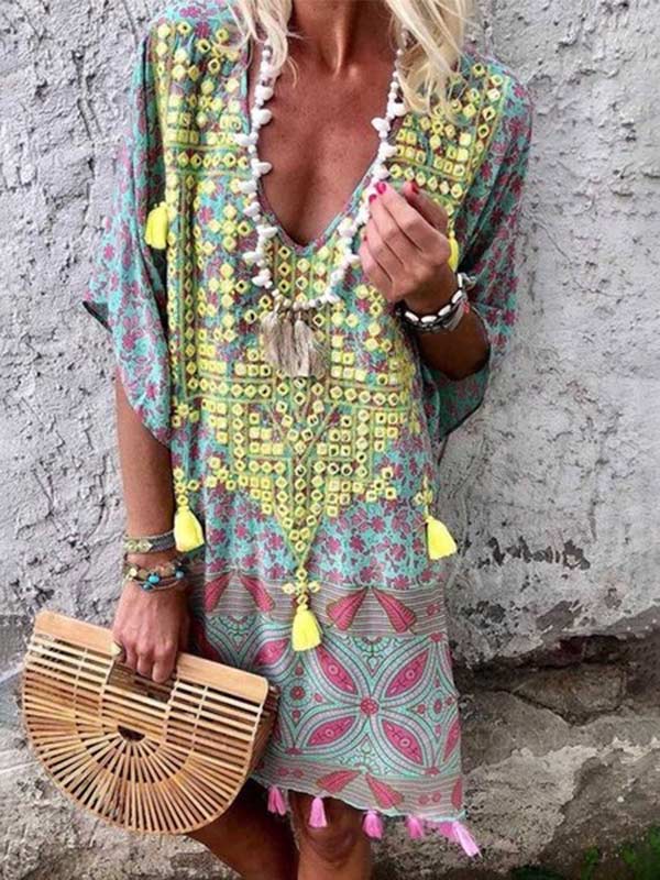 Women's Bohemian V-neck print dress