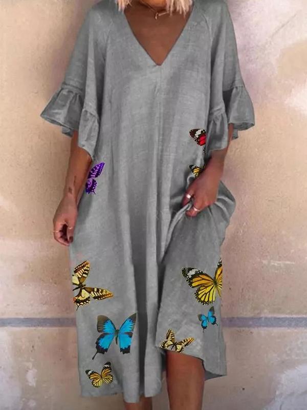 Colorfly Butterfly Print Ruffled Sleeve Midi Dress
