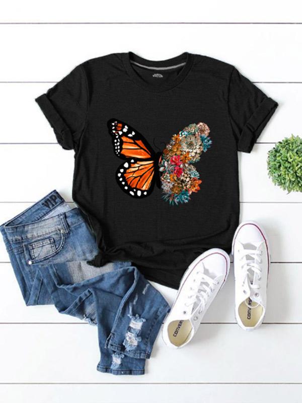 Women's round neck butterfly letter printed loose T-shirt