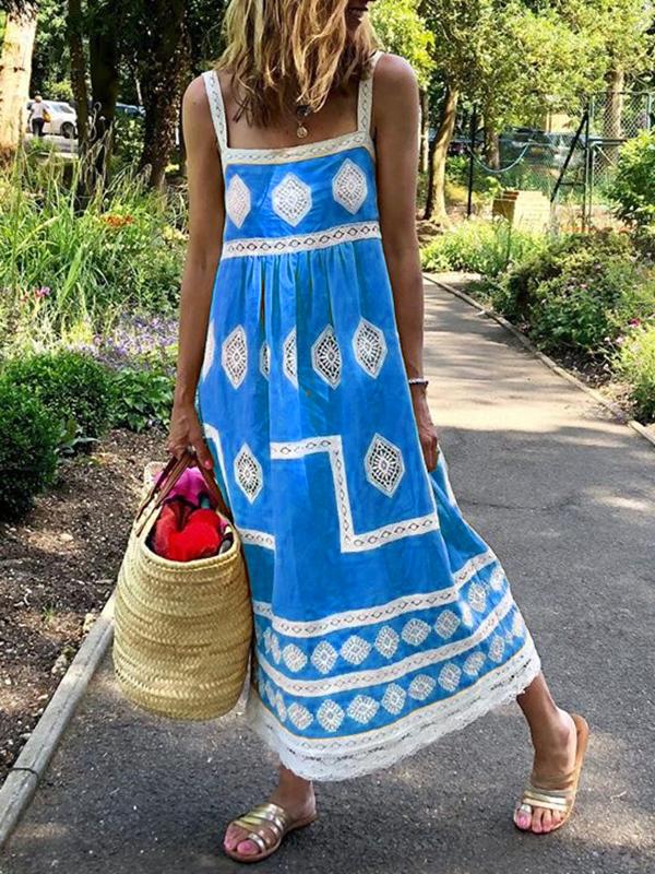 Boho Crochet Lace Paneled Maxi Dress