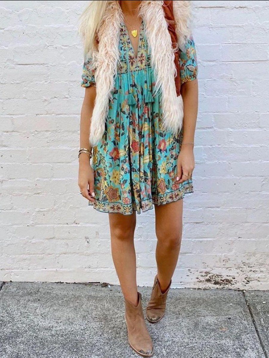 Boho Print 3/4 Sleeve Tassel Mini Dress