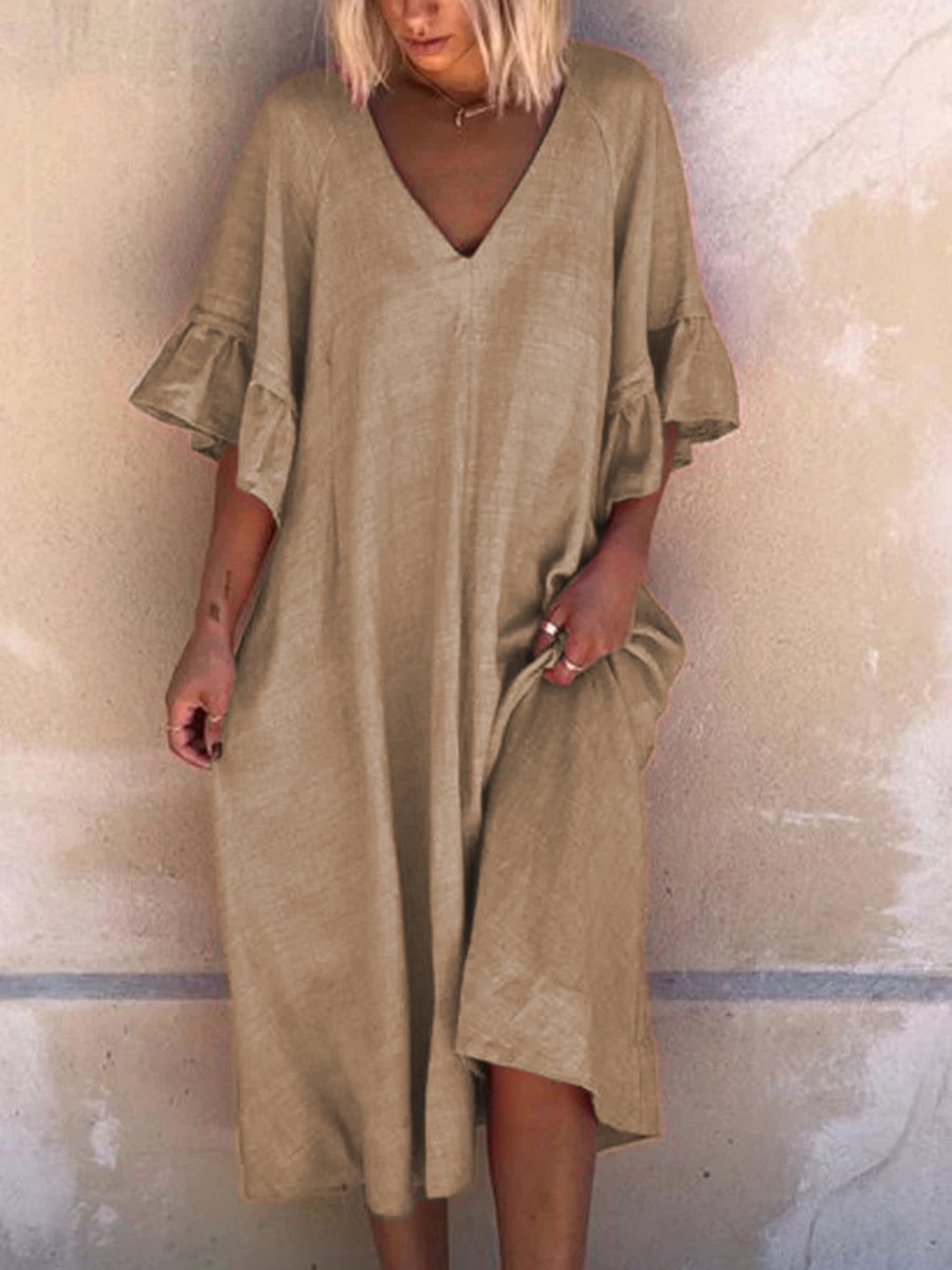 Solid Simple V Neck Linen Dresses