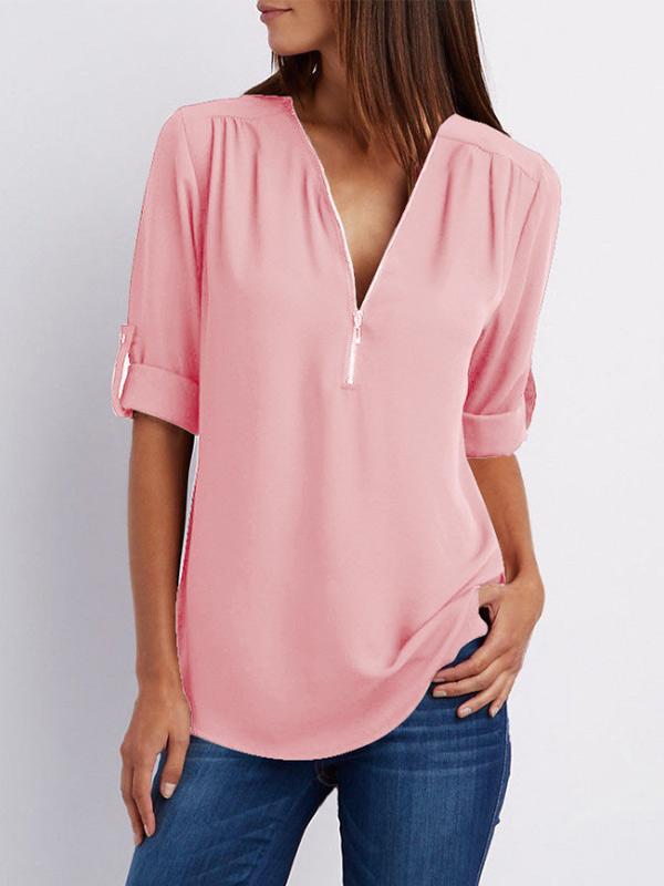 Women's V-neck zipper oversized chiffon shirt