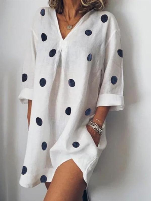 Women's loose cotton and polka dot print V-neck dress