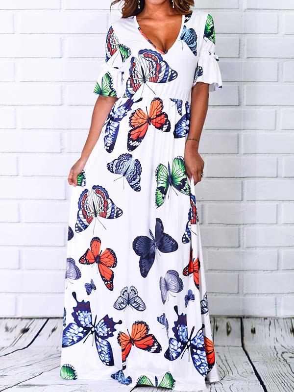 Casual Butterfly Print V-neck Short Sleeve Dress