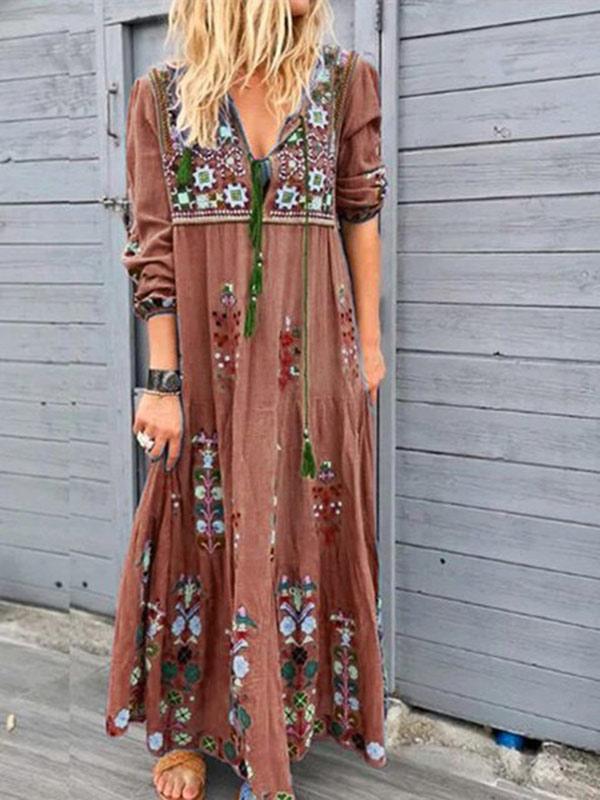 Women's Bohemian Print Drawstring Dress