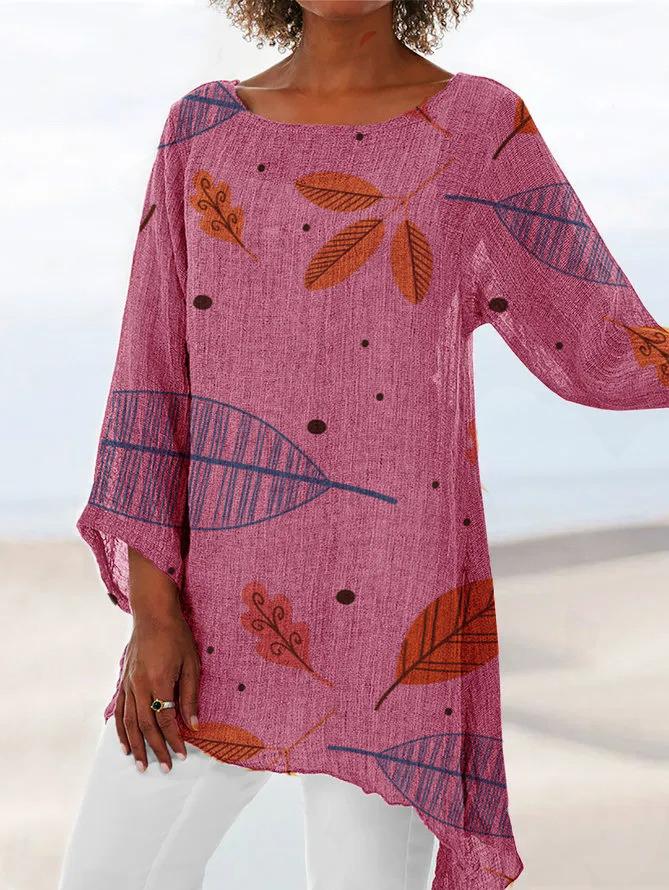 Leaf Print Asymmetrical Hem Tunic Shirt