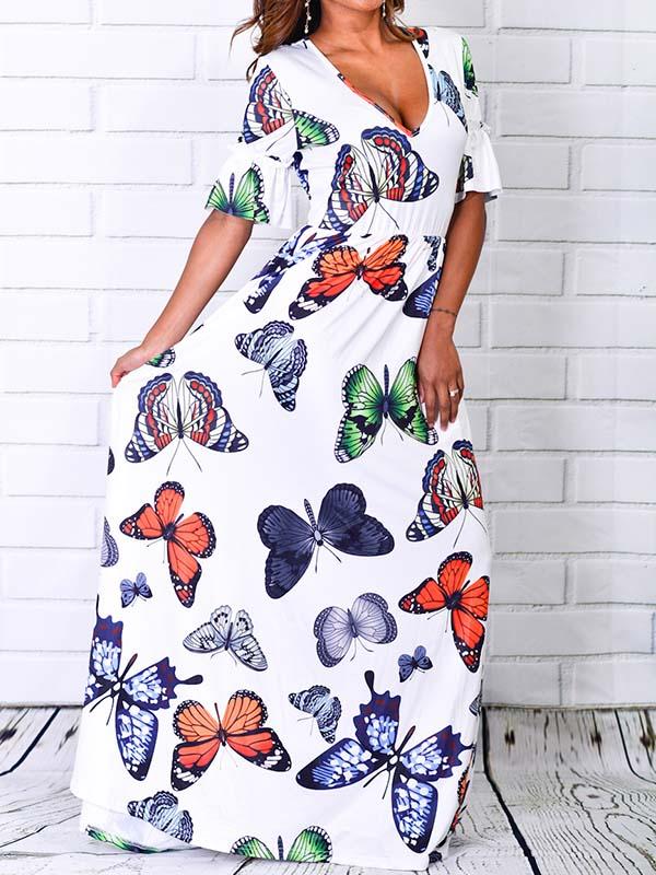Casual Butterfly Print V-neck Short Sleeve Dress