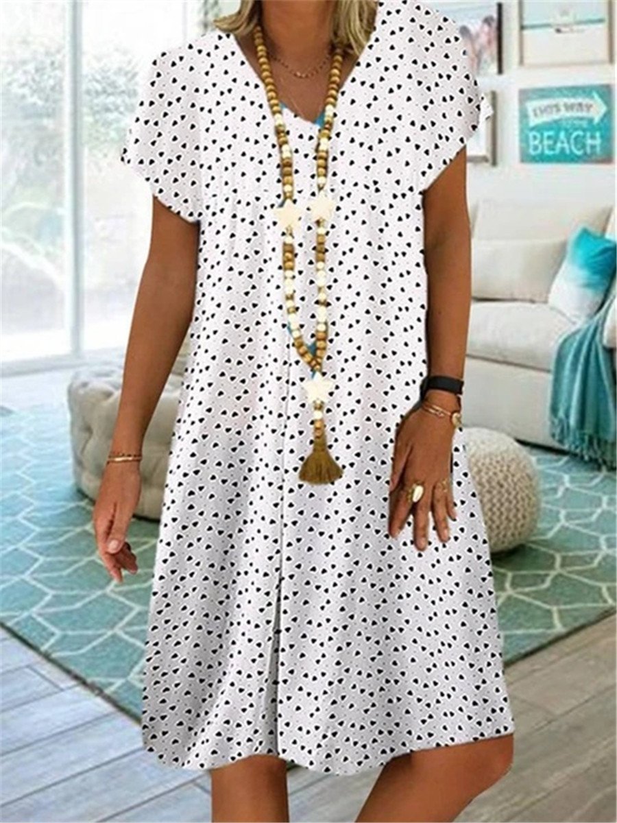 Casual Short Sleeve V-Neck Dim Sum Print Midi Dress