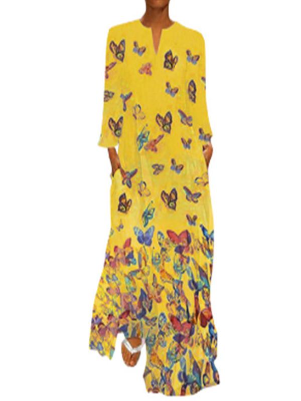 Lady Butterfly Print V-neck Long Sleeve Dress