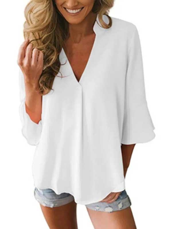 V-neck ruffled 3/4 sleeves loose chiffon shirt