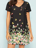 Women Fashion Butterfly Print V-neck Short Sleeve Dress