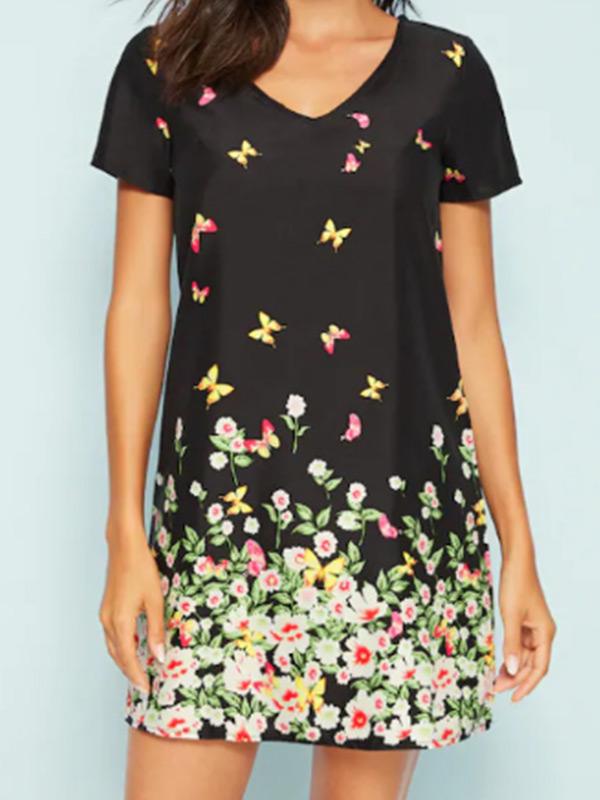 Women Fashion Butterfly Print V-neck Short Sleeve Dress