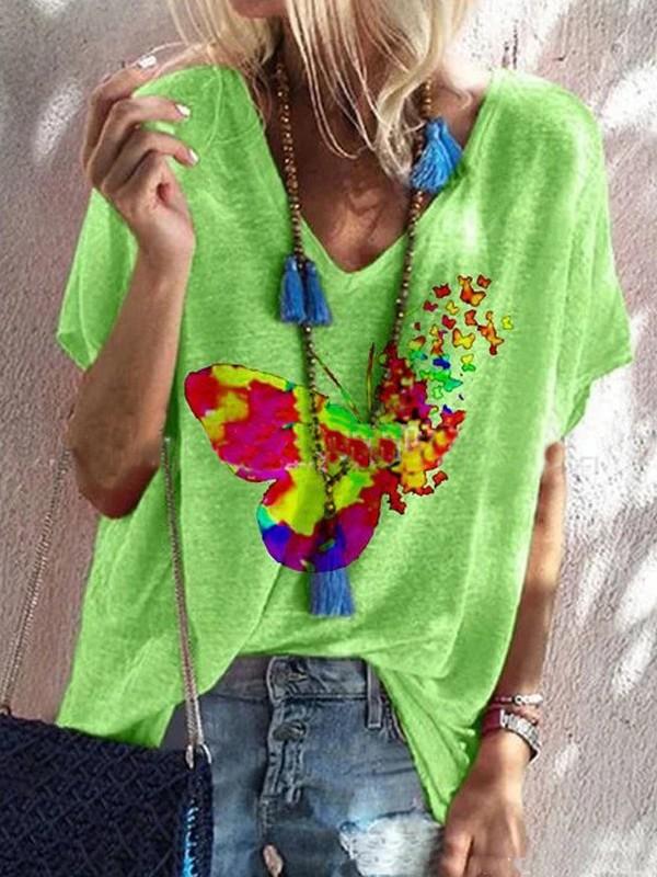 Butterfly print large size loose V-neck short sleeve