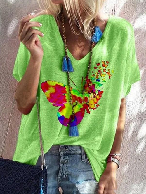 Butterfly print large size loose V-neck short sleeve