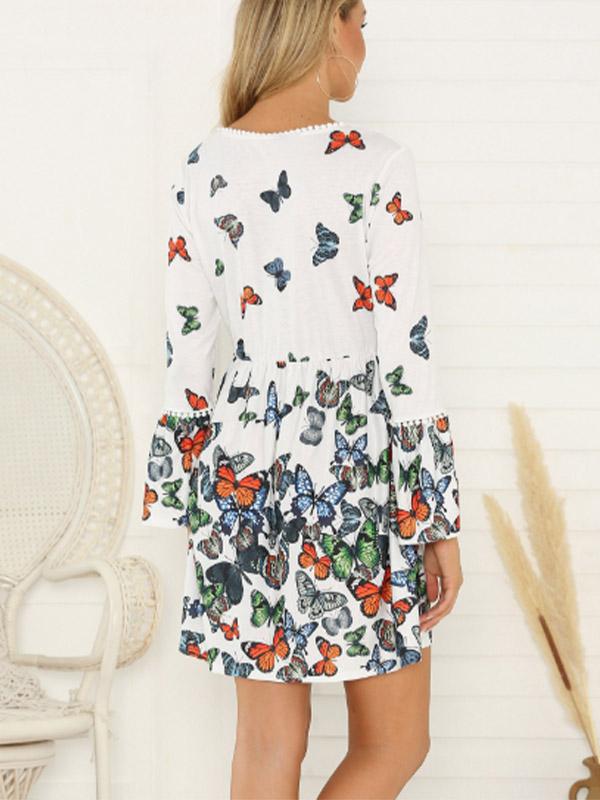 Ladies fashion butterfly print V-neck long sleeve dress
