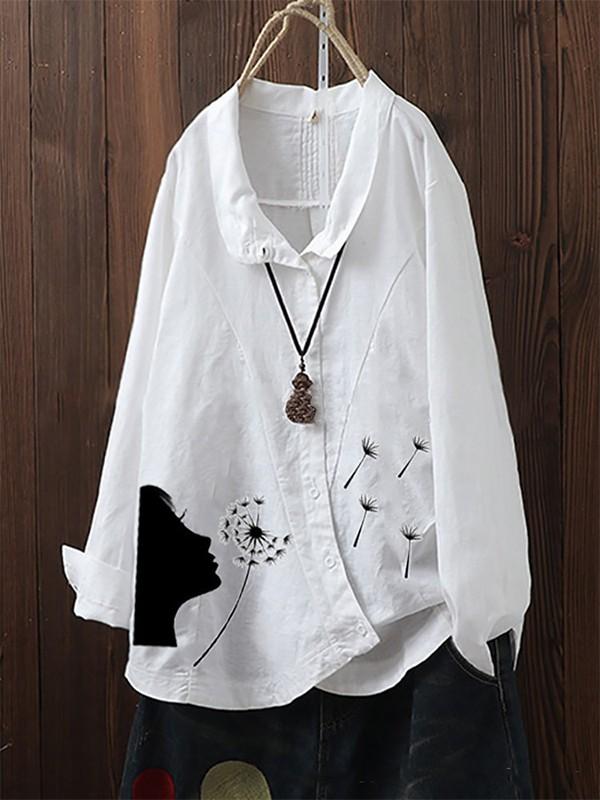 Women's dandelion printed irregular long-sleeved shirt