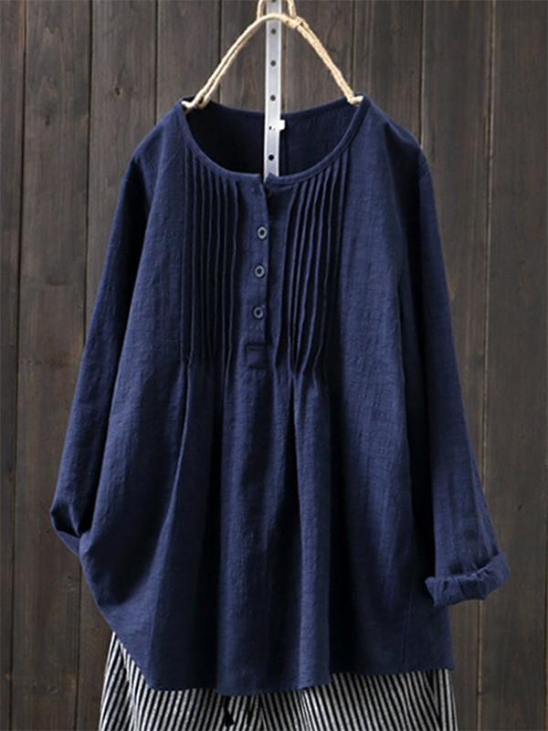 Cotton and linen women's pleated round neck shirt