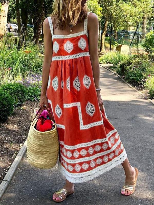 Boho Crochet Lace Paneled Maxi Dress