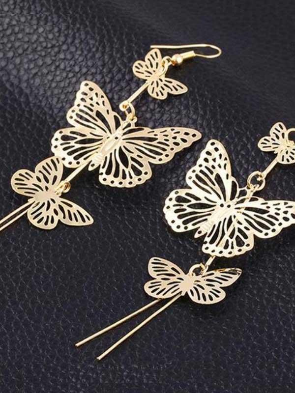 Multilayer hollow butterfly long tassel earrings