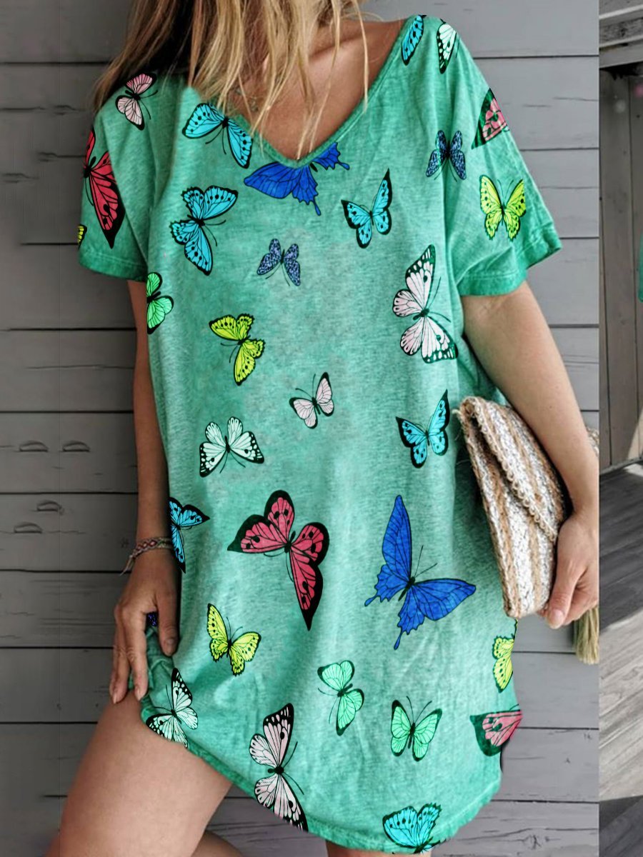 Printed V-Neck Short Sleeve Dress