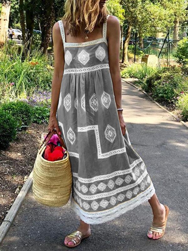 Boho Crochet Lace Paneled Maxi Dress