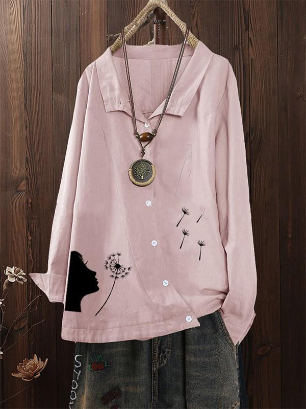 Women's dandelion printed irregular long-sleeved shirt
