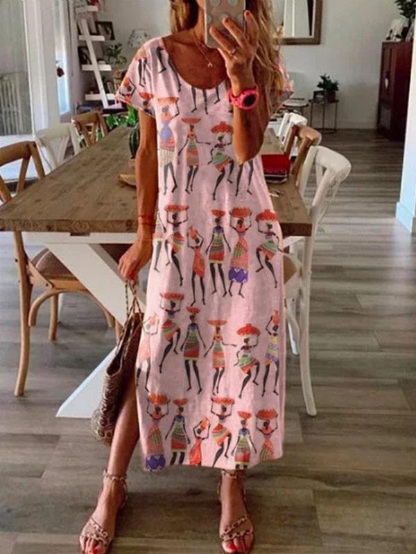 Women's Casual Cotton and Linen Print Short Sleeve Dress