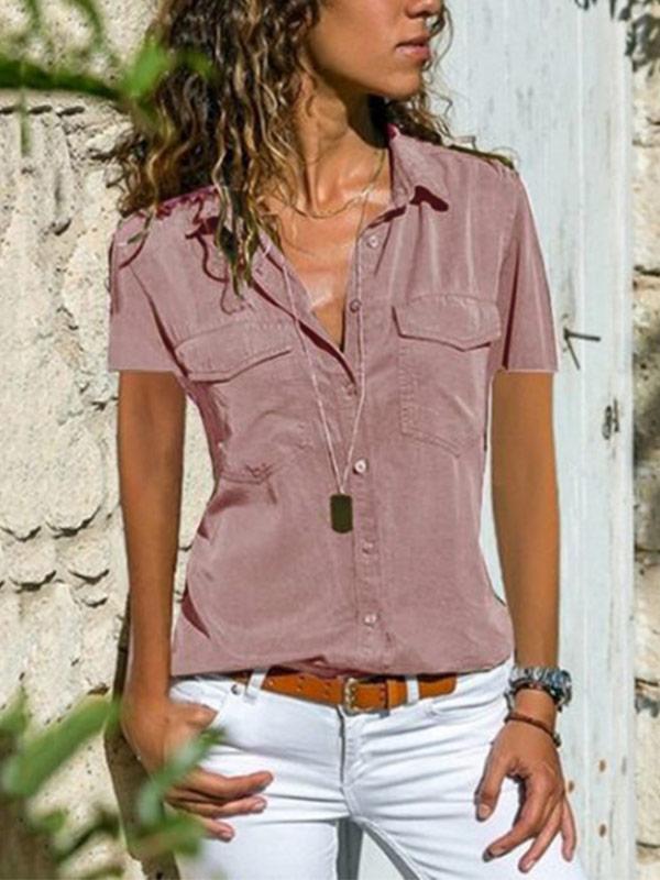 Women's lapel pocket short sleeve shirt