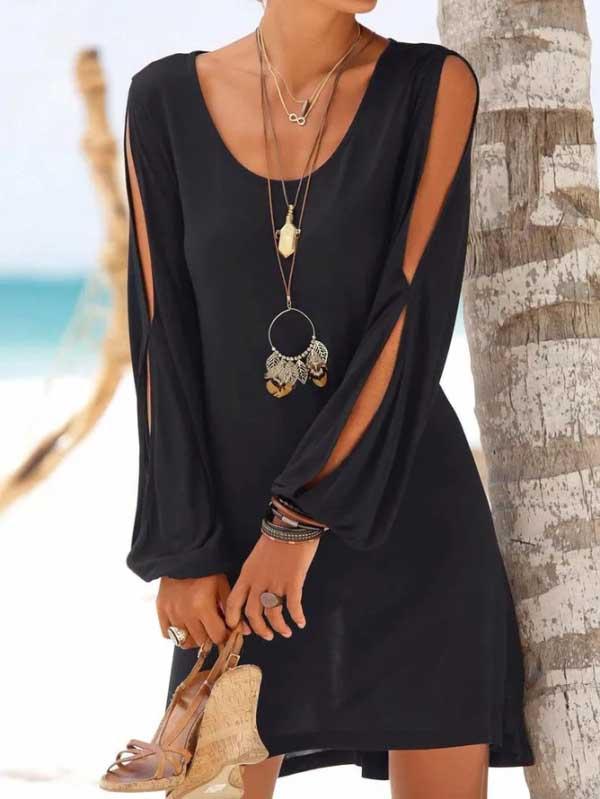 Deep V-neck loose shoulder long sleeve  loose casual beach dress