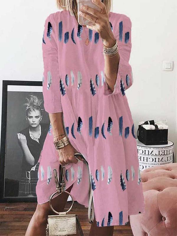 Women's feather print crew neck dress