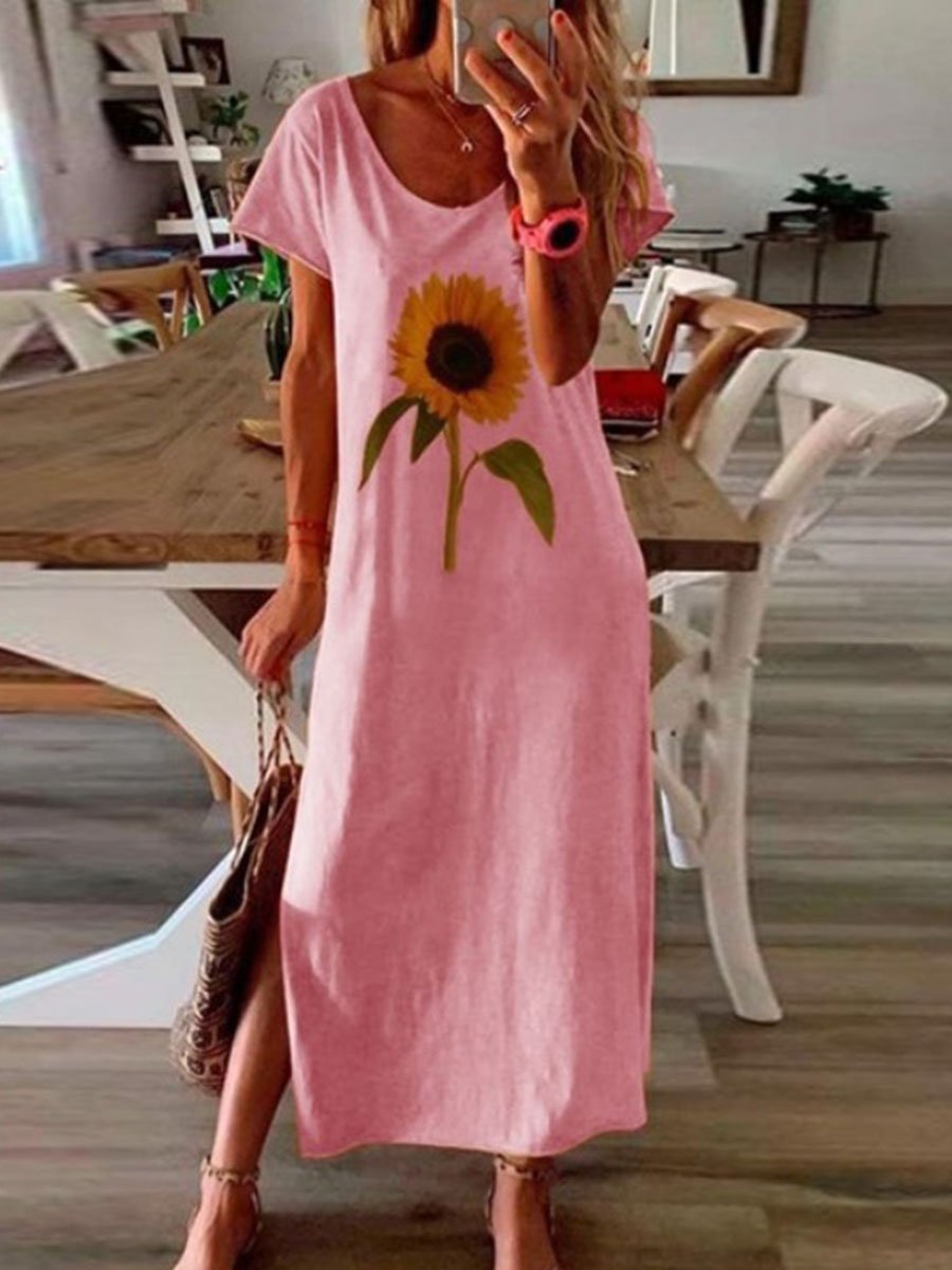 Sunflower Plant Printing Short Sleeve Casual Dress