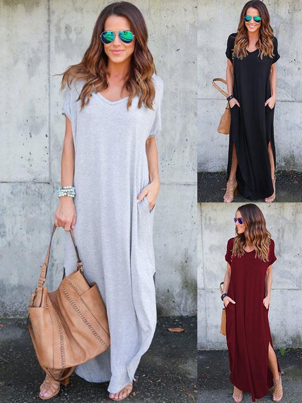 Women's V-neck Solid Color Pocket Split Dress