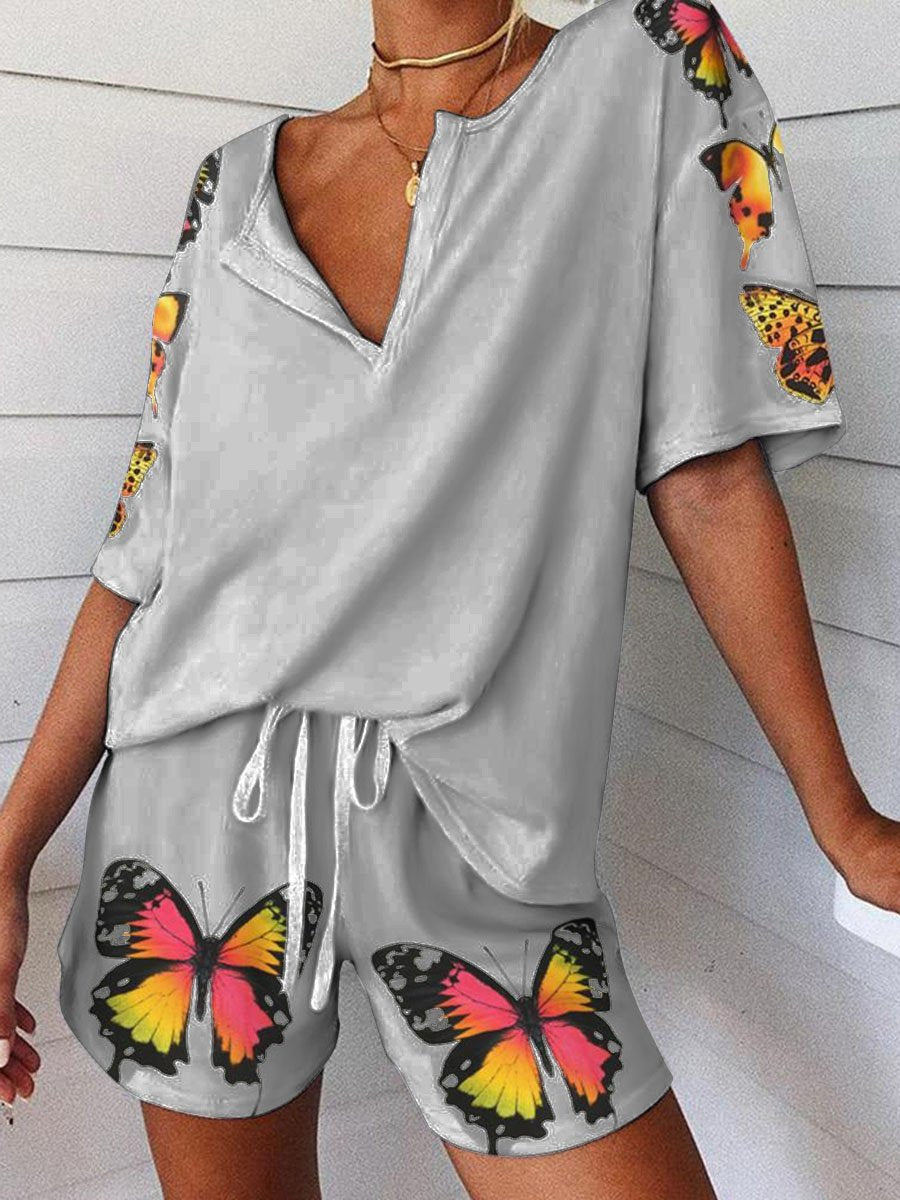 Casual Loose V-Neck Butterfly Top Pants Set