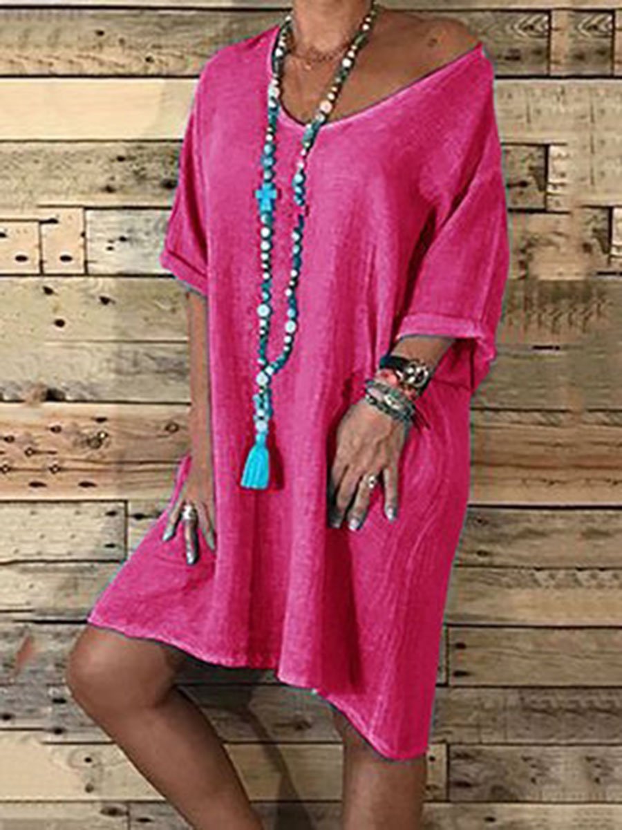 Casual Loose Skirt Solid Color Round Neck Mini Dress