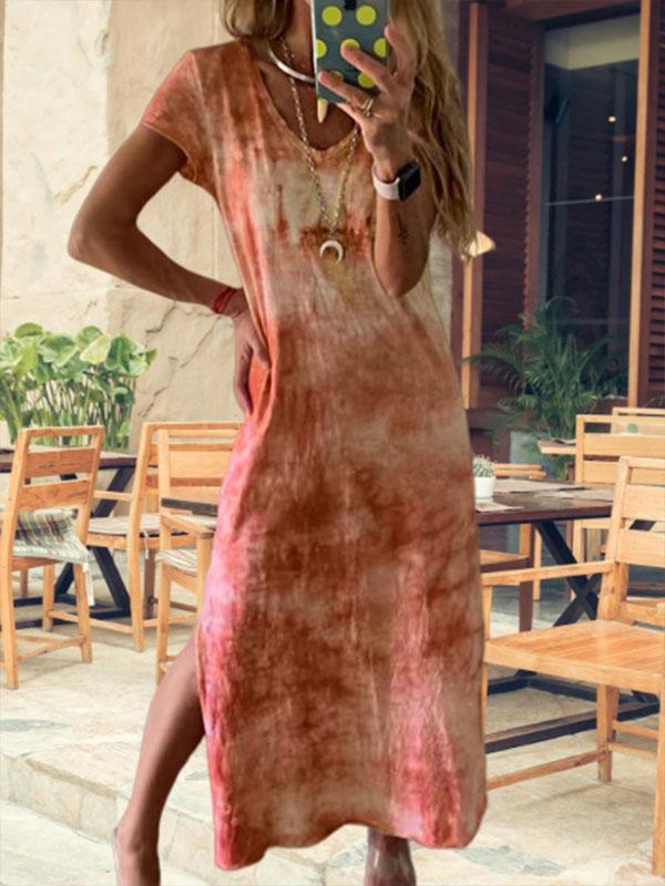 Women's V-neck wide loose-fork print dress