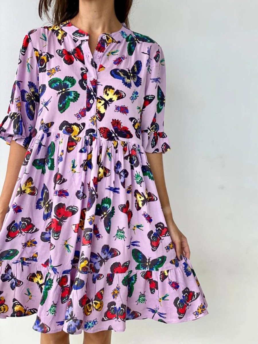 Holiday Round Neck Butterfly Print Dress