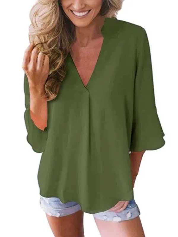 V-neck ruffled 3/4 sleeves loose chiffon shirt