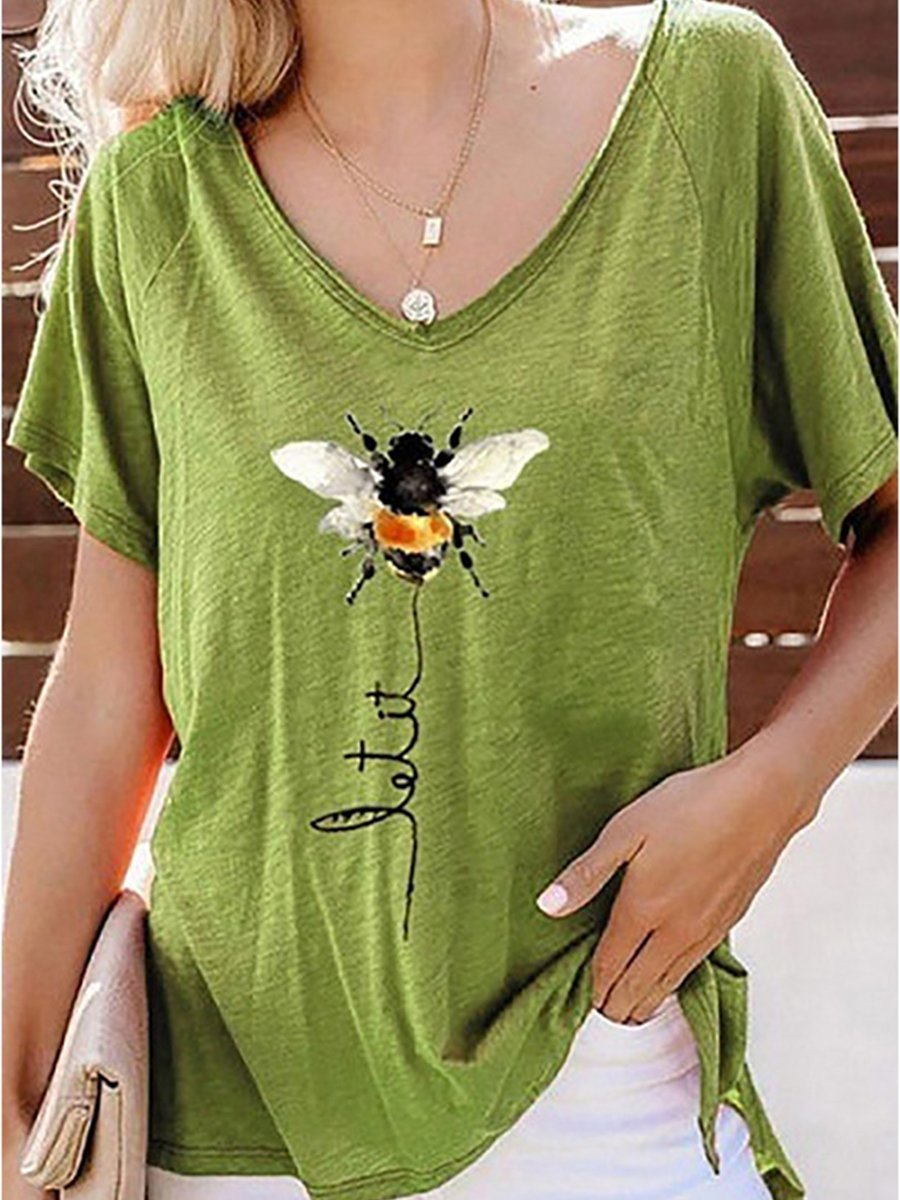 Bee Print V-neck Top Short Sleeve T-shirt