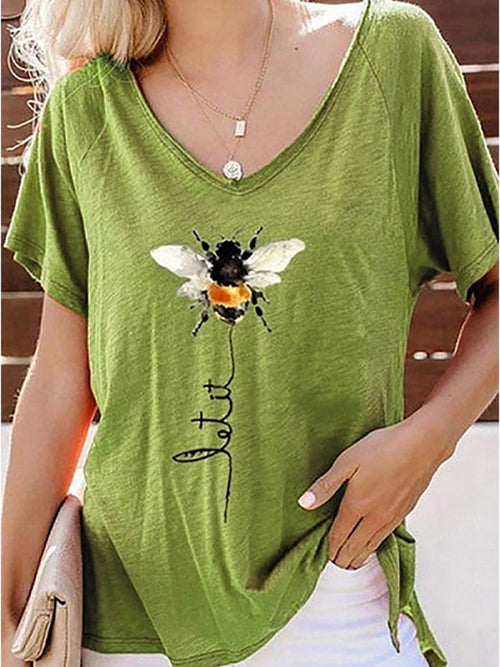 Bee Print V-neck Top Short Sleeve T-shirt
