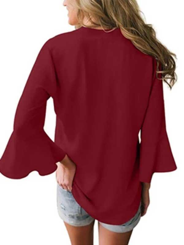 V-neck ruffled 3/4 sleeves loose chiffon shirt