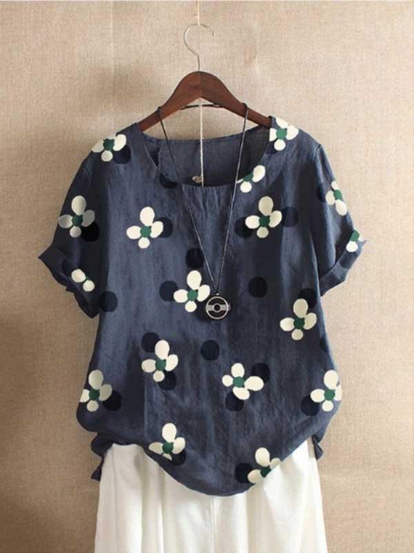 Casual cartoon printed T-shirt cotton and linen casual short-sleeved t-shirt