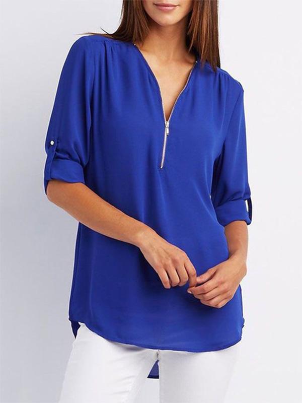 Women's V-neck zipper oversized chiffon shirt