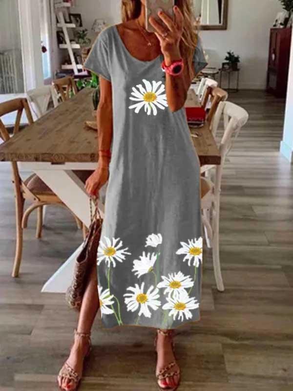 Women's hem split daisy print dress