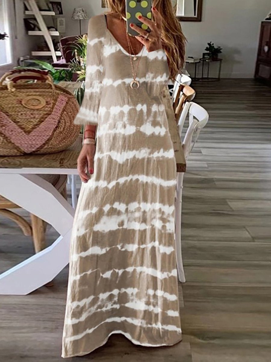 Casual Striped Print V Neck Maxi Dresses