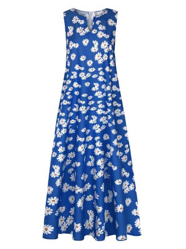 Small Daisy Print V-Neck Sleeveless Long Dress Long Dress