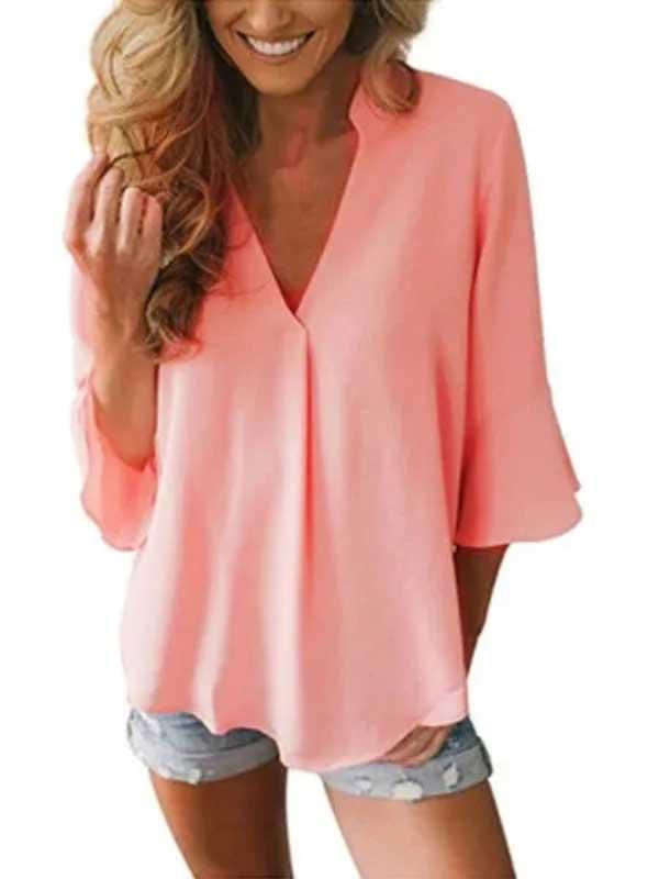 V-neck ruffled 3/4 sleeves loose chiffon shirt