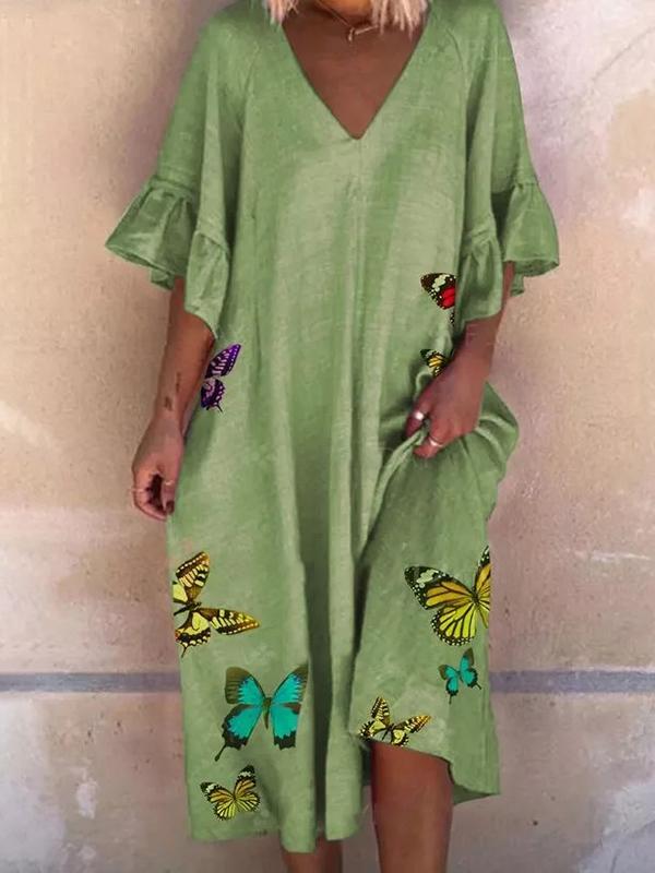 Colorfly Butterfly Print Ruffled Sleeve Midi Dress