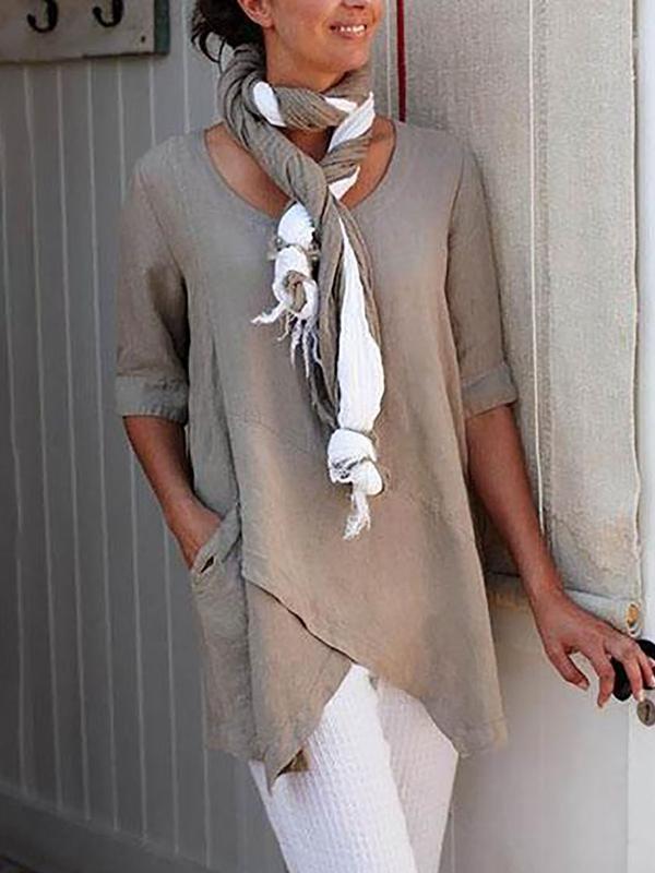 Women Asymmetrical Hem Half Sleeve Pocket Shirt